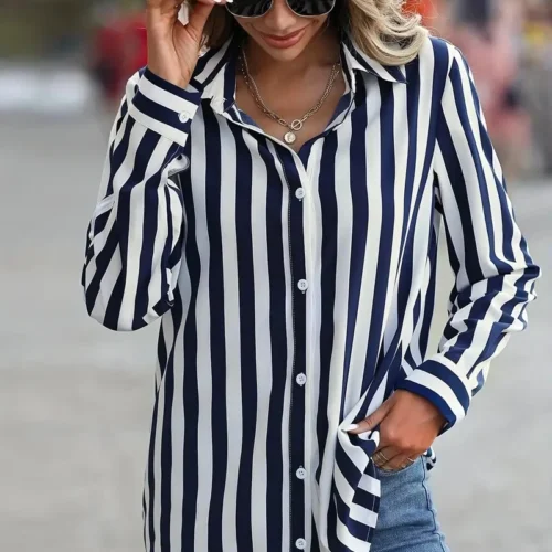 kf A2fc7848be7b34fa1b5be830e30bc3ef0H Fashion Women s Shirts Blouses Elegance Striped Print Shirt 2024 Spring Summer Large Size Female Clothing