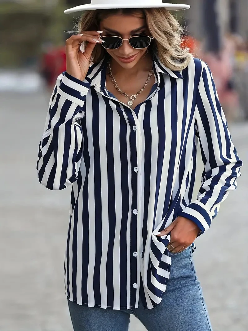 kf A2fc7848be7b34fa1b5be830e30bc3ef0H Fashion Women s Shirts Blouses Elegance Striped Print Shirt 2024 Spring Summer Large Size Female Clothing