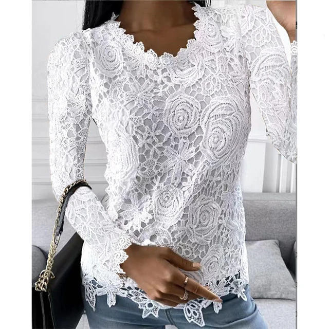 kf A30b90ff3379345d0b0d260565a1067daz Elegant Lace Women T shirts Y2K Fashion Long Sleeve Office Lady Blouses O neck Solid Causal 1