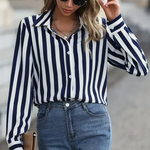 kf A44a3fb2772e54819bf550cc01c62e0adZ Fashion Women s Shirts Blouses Elegance Striped Print Shirt 2024 Spring Summer Large Size Female Clothing