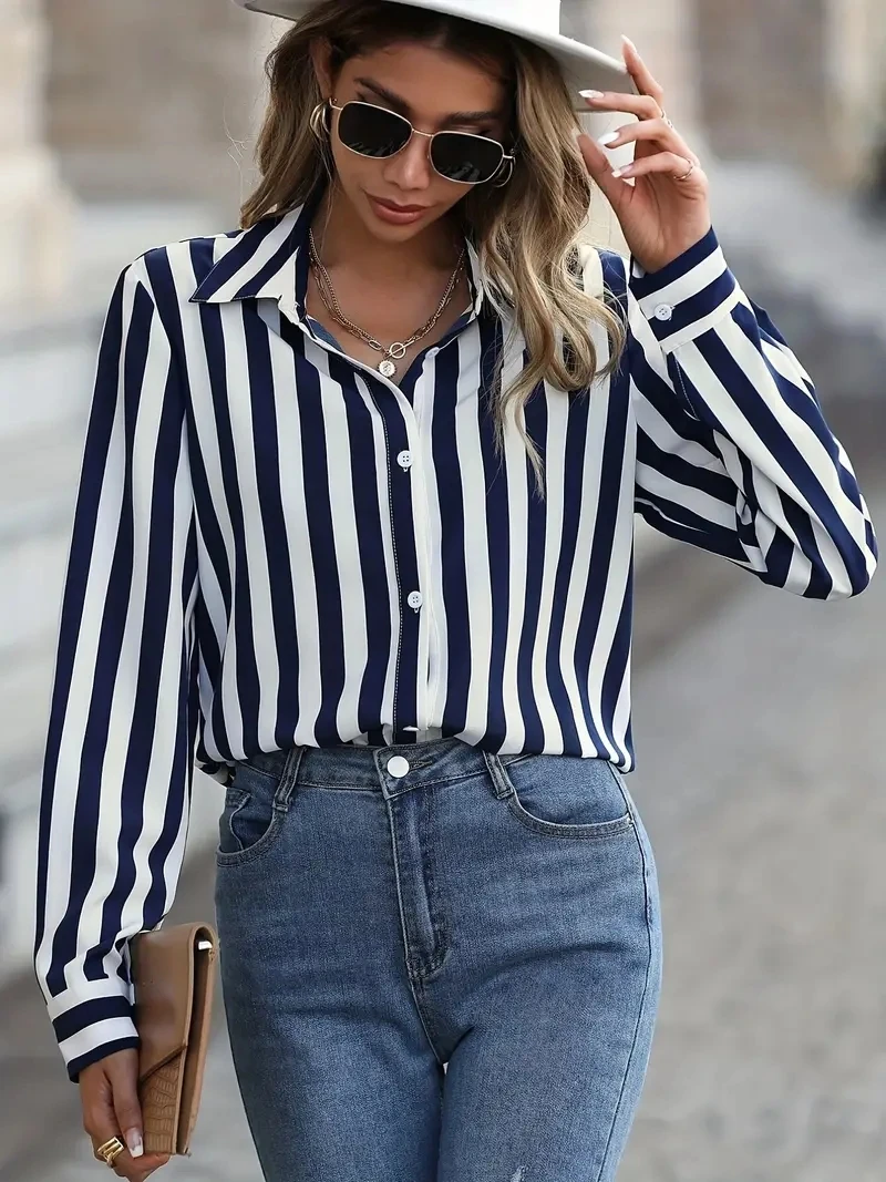 kf A44a3fb2772e54819bf550cc01c62e0adZ Fashion Women s Shirts Blouses Elegance Striped Print Shirt 2024 Spring Summer Large Size Female Clothing