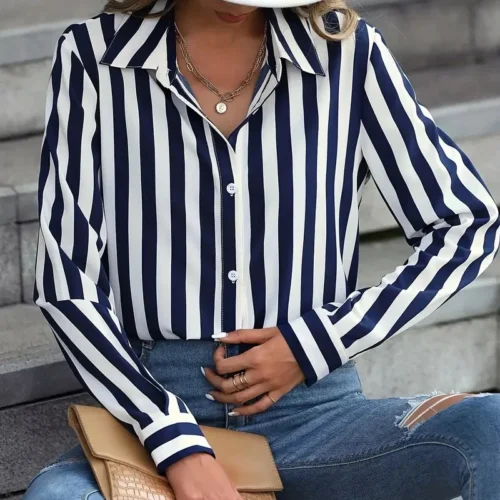 kf Ad861bf281c2f428e9e54ee4dce3180c12 Fashion Women s Shirts Blouses Elegance Striped Print Shirt 2024 Spring Summer Large Size Female Clothing