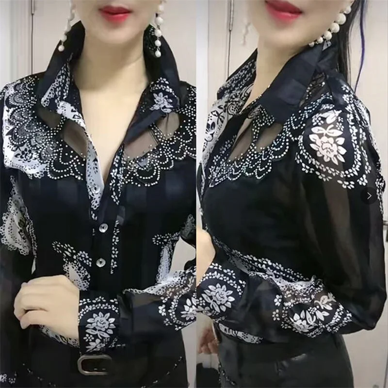 kf H0d3afd6e3d0f4036bdb15cd1635c7f95p Women S Blouse Tops Summer Lace Chiffon Shirts lapel Stitching Printing Buttons Female Blusas Offce Lady