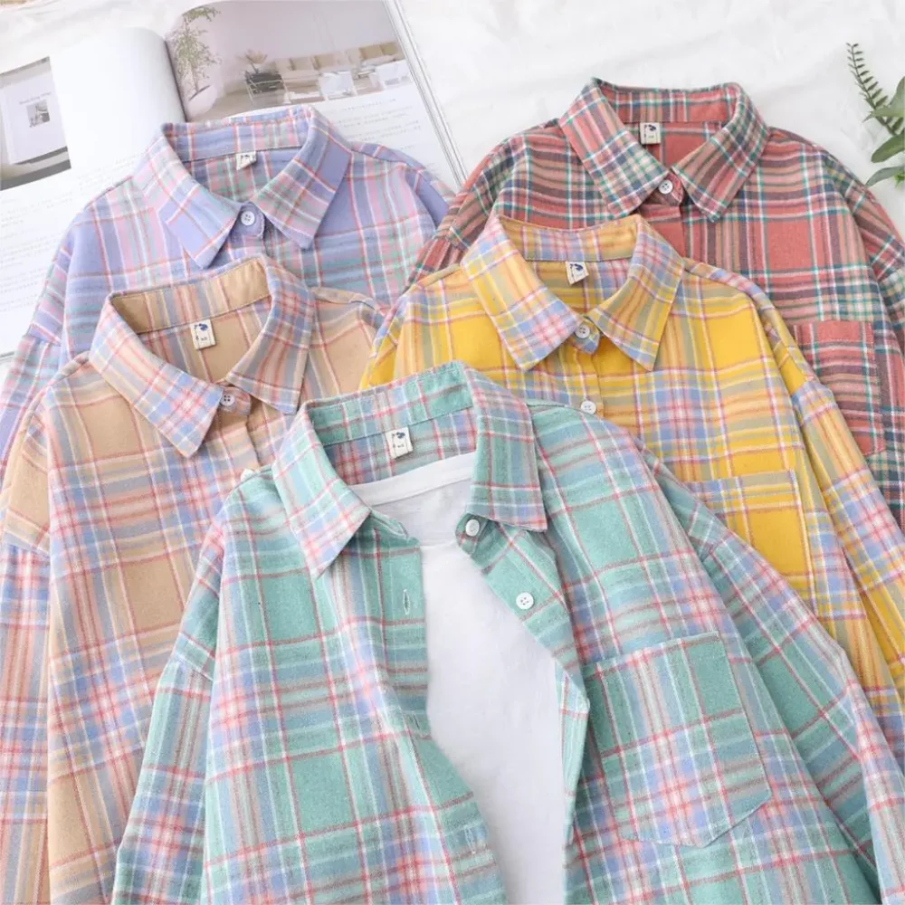 kf H11e36dc600724bdcb6cf57440a3e7bffm 2023 New Fashion Loose Womens Plaid Shirt Fresh College Style Design Blouses And Tops Long Sleeve