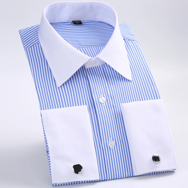 kf H1f4e54ce26684235af7f33abccdd1aaeG Men s Classic French Cuffs Striped Dress Shirt Single Patch Pocket Standard fit Long Sleeve Wedding