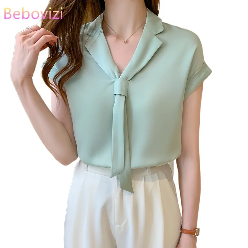 kf H31cd5c4d1f89499fbd5e39cb2fd648b2T S XXL 2021 White Green Pink Fashion New Summer Casual Short Sleeve Bow Tie Blouse Tops