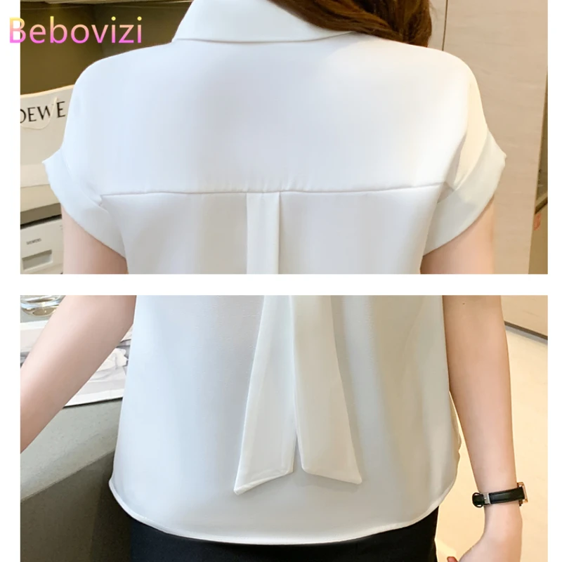 kf H6a033e8817c34f128dae62464f59beaeH S XXL 2021 White Green Pink Fashion New Summer Casual Short Sleeve Bow Tie Blouse Tops