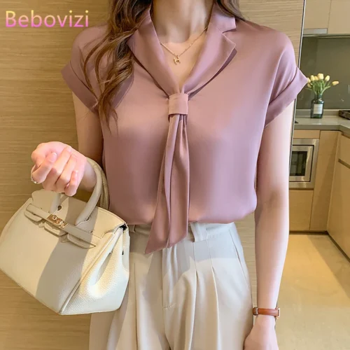 kf H6a9c6cf9f89a49399e3fe77b7269d5a31 S XXL 2021 White Green Pink Fashion New Summer Casual Short Sleeve Bow Tie Blouse Tops