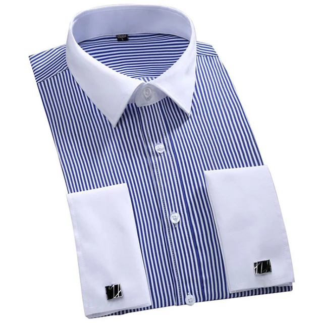 kf H8056125aa0e04664b9be27eeaae42571i Men s Classic French Cuffs Striped Dress Shirt Single Patch Pocket Standard fit Long Sleeve Wedding