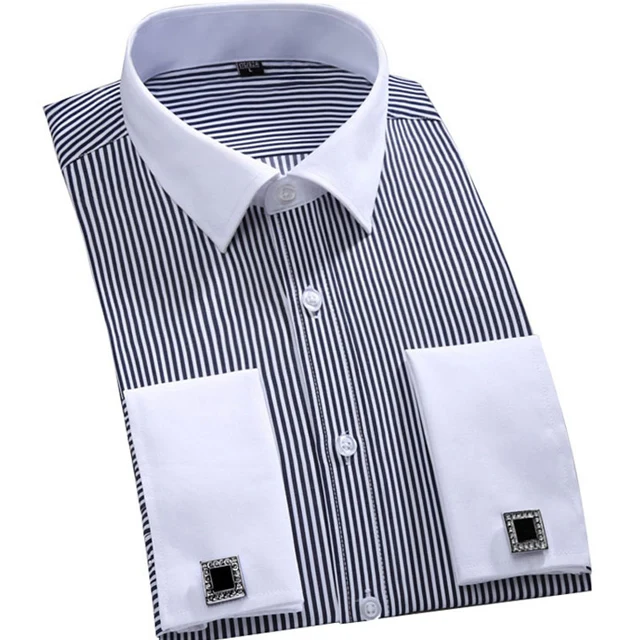 kf H91e73309d0e74cbcad7c7ba20045f3373 Men s Classic French Cuffs Striped Dress Shirt Single Patch Pocket Standard fit Long Sleeve Wedding