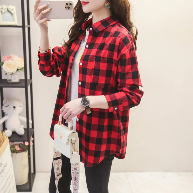 kf Ha74ba5210d084c60bff953215e721946t 2023 New Fashion Loose Womens Plaid Shirt Fresh College Style Design Blouses And Tops Long Sleeve