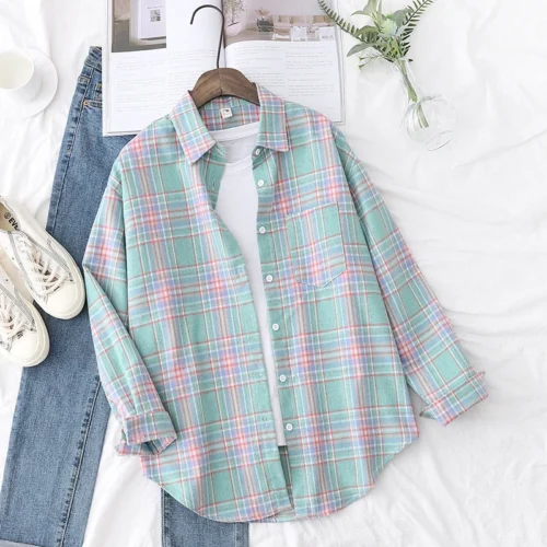 kf Hbfe5254c4b824bb1a0a9925c772ec0b4L 2023 New Fashion Loose Womens Plaid Shirt Fresh College Style Design Blouses And Tops Long Sleeve