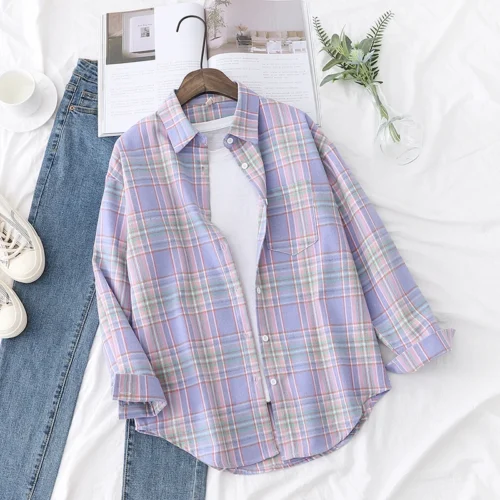 kf Hcc6d193da52d470abaf17693fe054eeex 2023 New Fashion Loose Womens Plaid Shirt Fresh College Style Design Blouses And Tops Long Sleeve