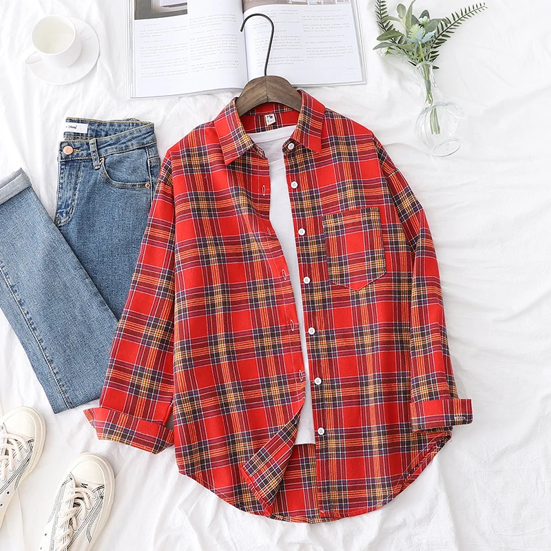 kf Hcd75c84c91d04a6fae63d0342f535bf32 2023 New Fashion Loose Womens Plaid Shirt Fresh College Style Design Blouses And Tops Long Sleeve