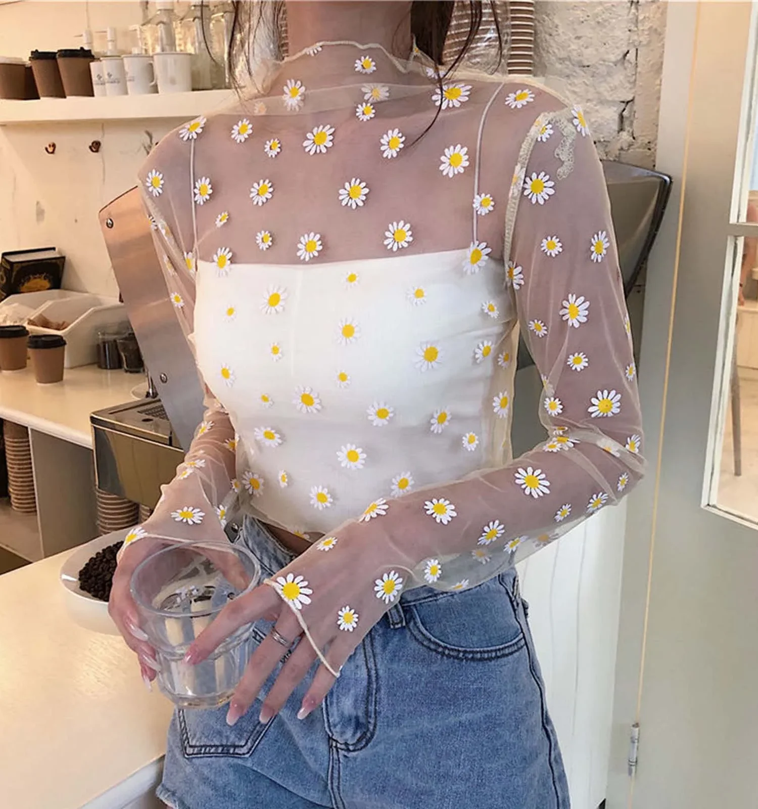 kf Hcdf0d00e3a3043df8deaf167dec612cat Sexy Mesh Transparent Tops Women Unlined Upper Garment Korean Daisy Print Long Sleeve Net Sheer Tops