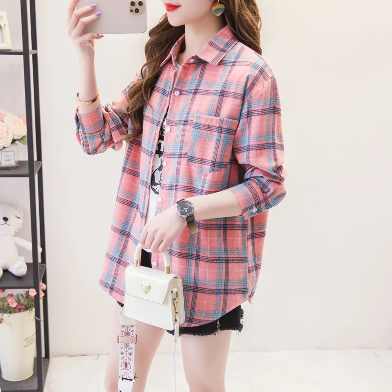 kf Hdbf80a75c0b44aa29d10d18a65d3e278M 2023 New Fashion Loose Womens Plaid Shirt Fresh College Style Design Blouses And Tops Long Sleeve