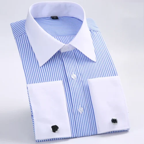 kf Hf03d506d92ea4e888c6febb7f1f06fadv Men s Classic French Cuffs Striped Dress Shirt Single Patch Pocket Standard fit Long Sleeve Wedding