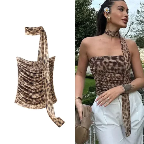 kf S013260123a0a43e6ab4ca2e18672ec4c3 TRAF Leopard Tulle Crop Top Women Print Ruched Corset Top Woman Vintage Summer Halter Top Backless