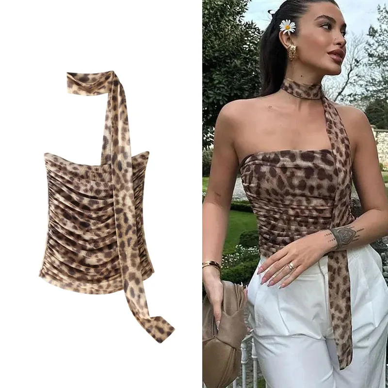 kf S013260123a0a43e6ab4ca2e18672ec4c3 TRAF Leopard Tulle Crop Top Women Print Ruched Corset Top Woman Vintage Summer Halter Top Backless