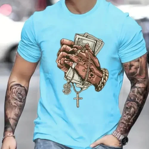 kf S0381d8bfe43a4bdeb5f497c8d03fad0da Hands Money Print Men s T shirt Round Neck Short Sleeve Tops Patterned T shirt Men