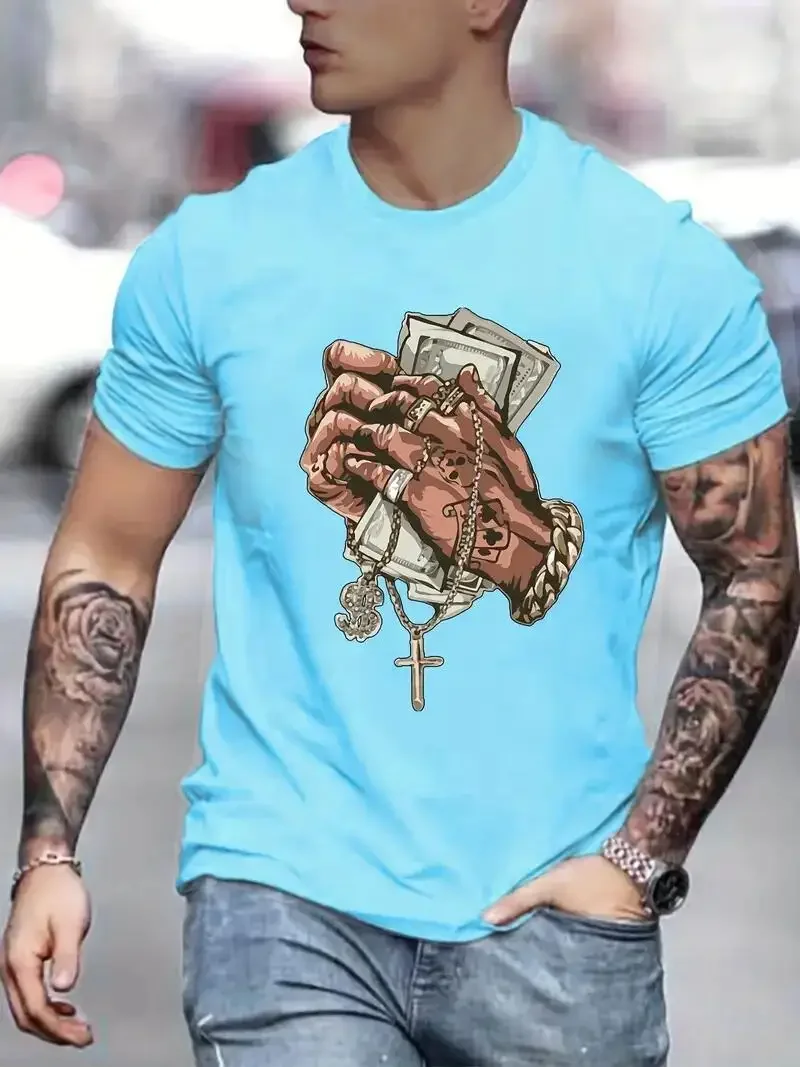 kf S0381d8bfe43a4bdeb5f497c8d03fad0da Hands Money Print Men s T shirt Round Neck Short Sleeve Tops Patterned T shirt Men