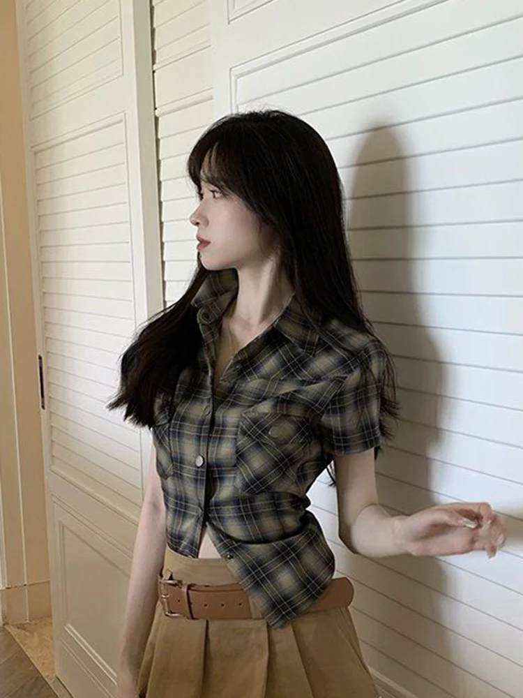 kf S04c49872f15148109682a92ce57cb76dx Zoki Vintage Slim Women Plaid Shirt Casual Harajuku Short Sleeve Blouse Summer Retro Korean Single Breasted