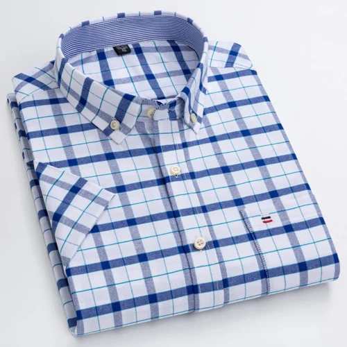 kf S054f40a7b8b249279d612fc938874280W New High Quality Cotton Shirts for Men Short Sleeve Summer Plaid Striped Male Business Casual White