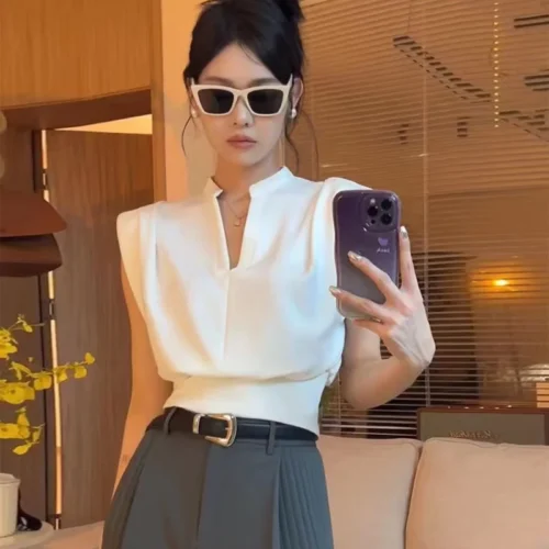 kf S057becec9f4b46cea5968999c3689d673 Deeptown Women Blouses V neck Korean Style Elegant Chic White Sleeveless Shirts Black Crop Tops Office