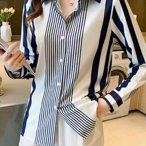 kf S05f5d0e8eb034d9a815065f75ac68295Q Long Sleeve Striped Chiffon Blouse Shirt Women Tops Blusas Mujer De Moda 2024 Turn Down Collar