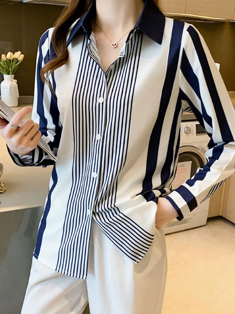 kf S05f5d0e8eb034d9a815065f75ac68295Q Long Sleeve Striped Chiffon Blouse Shirt Women Tops Blusas Mujer De Moda 2024 Turn Down Collar