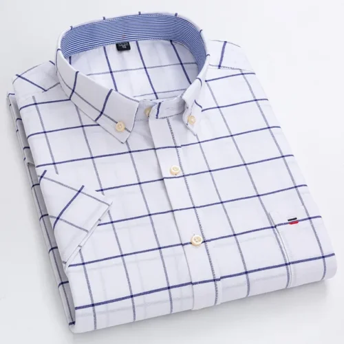 kf S070a1e50b92341e5bcff2ed892955b45m New High Quality Cotton Shirts for Men Short Sleeve Summer Plaid Striped Male Business Casual White 1