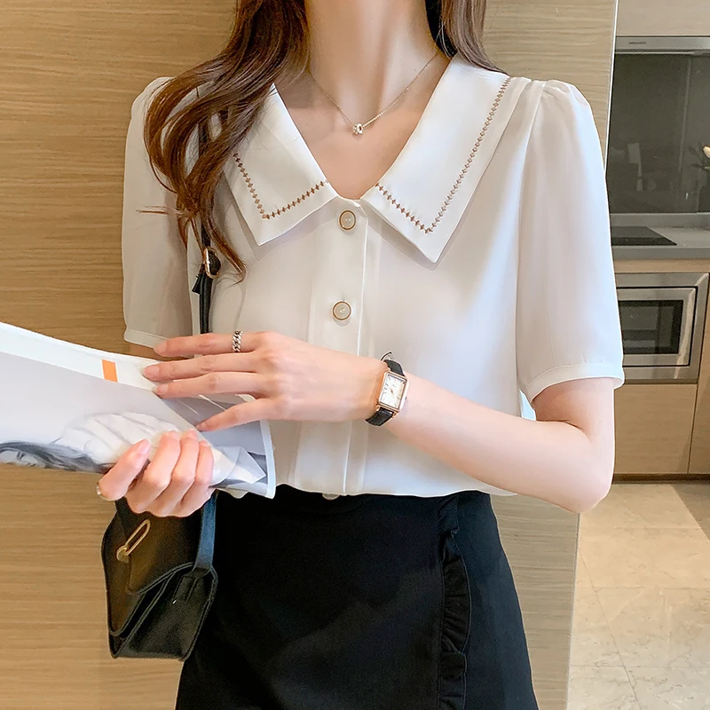 kf S09549e671da84f5c863a515a3dfebe62X Blusas Blouses Femme Tops Women Turn Down Collar Blouse Women 2024Summer White Blouse Short Sleeve Chiffon