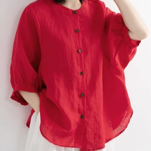 kf S0961da5d390d44bea5dabd1fc0de21f0D ZOKI Casual Cotton Linen Shirts Oversize Summer Lantern Half Sleeve Tops Summer Korean Loose Mom Button