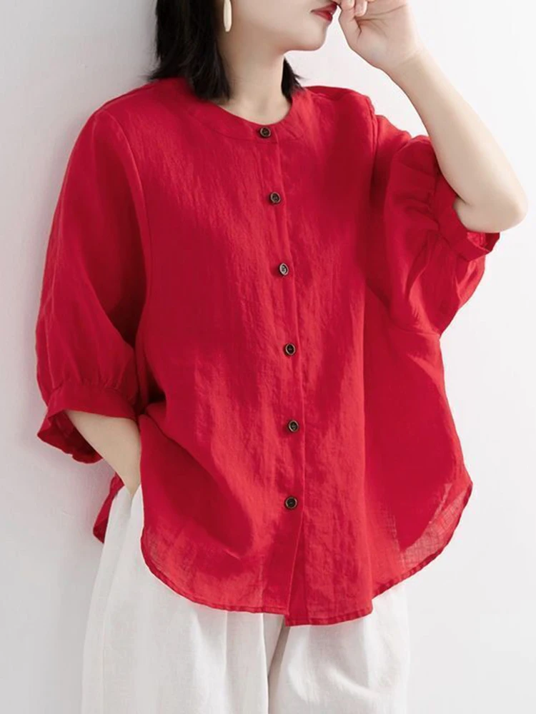 kf S0961da5d390d44bea5dabd1fc0de21f0D ZOKI Casual Cotton Linen Shirts Oversize Summer Lantern Half Sleeve Tops Summer Korean Loose Mom Button