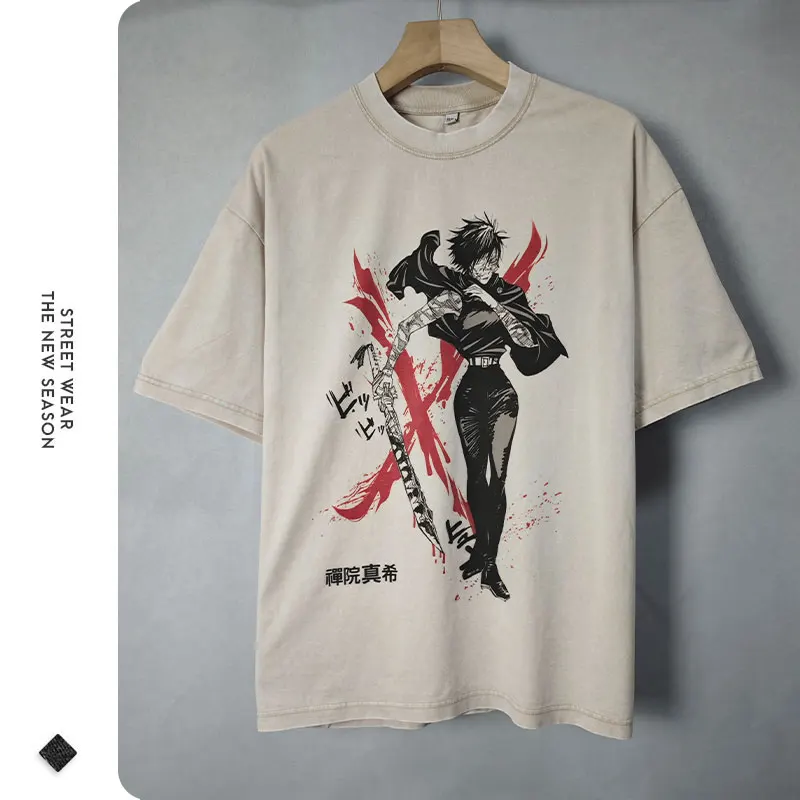 kf S0af15fc8902e4935aa2597a226c8adf3d Anime Jujutsu T Shirt Vintage Washed Gojo Saturo T shirts Men Retro Streetwear Short Sleeve Manga