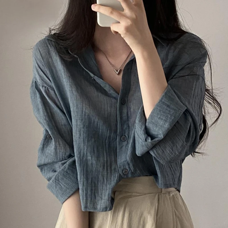 kf S0e50308d3a8e4ce09fa8df7d7e7c66d9g Trendy Shirt Blouse Simple Thin Pure Color Anti UV Shirt Anti fade Shirt Top Women Solid