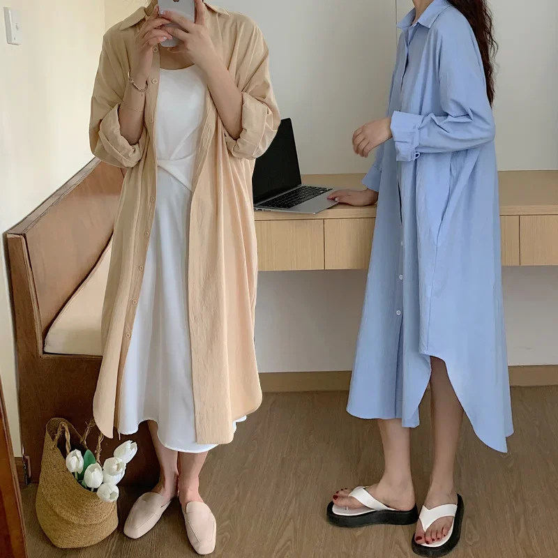 kf S0ee6f6da7a4a42b0b179a3da80d16609O TFETTERS Long Shirt Dresses Women Korean Fashion Casual Loose Long Sleeve Shirt Women X Long Knee