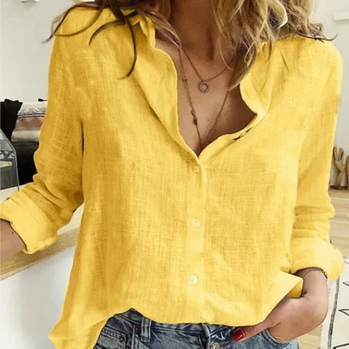 kf S0f70e69e678c4d15a5c0ca2eada89226G Elegant Cotton Linen Shirts Women Casual Solid Button Lapel Blouses Shirts Autumn Winter Long Sleeve Loose