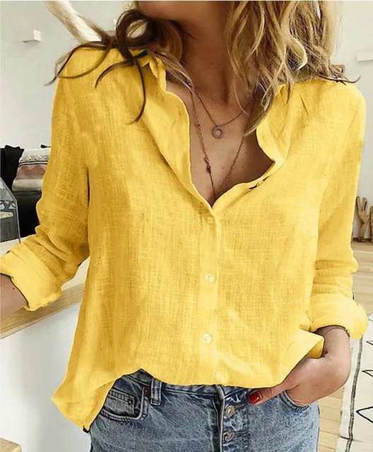 kf S0f70e69e678c4d15a5c0ca2eada89226G Elegant Cotton Linen Shirts Women Casual Solid Button Lapel Blouses Shirts Autumn Winter Long Sleeve Loose