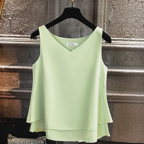 kf S0f851f489bd24b0582e22a42e0e3a5d4u 2024 Fashion Brand Women s Blouse Tops Summer Sleeveless Chiffon Shirt Solid V neck Casual Blouse