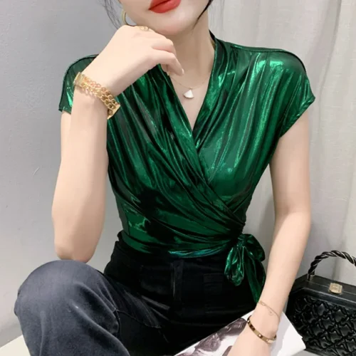 kf S130ff5668d5d45109ace045d513a421eq Street wear Gold Silver Green Shinny Short Sleeve Blouse Women Sexy Irregular Short Wrap Shirt Female 1