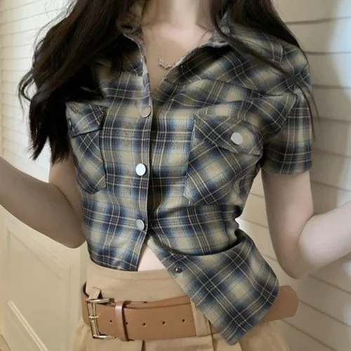 kf S15de30a11c0a421a9d2e3f4addfb249bi Zoki Vintage Slim Women Plaid Shirt Casual Harajuku Short Sleeve Blouse Summer Retro Korean Single Breasted