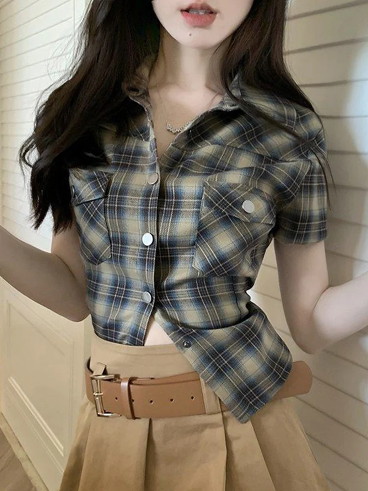 kf S15de30a11c0a421a9d2e3f4addfb249bi Zoki Vintage Slim Women Plaid Shirt Casual Harajuku Short Sleeve Blouse Summer Retro Korean Single Breasted