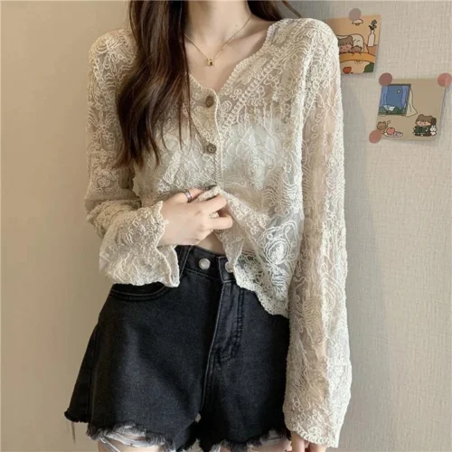 kf S1701ec0db40749d3bd41dd3585fedcfdn MEXZT Vintage Lace Blouse Women Sheer Long Sleeve Sunscreen Shirt Cardigan Vacation Korean Elegant Casual Sun