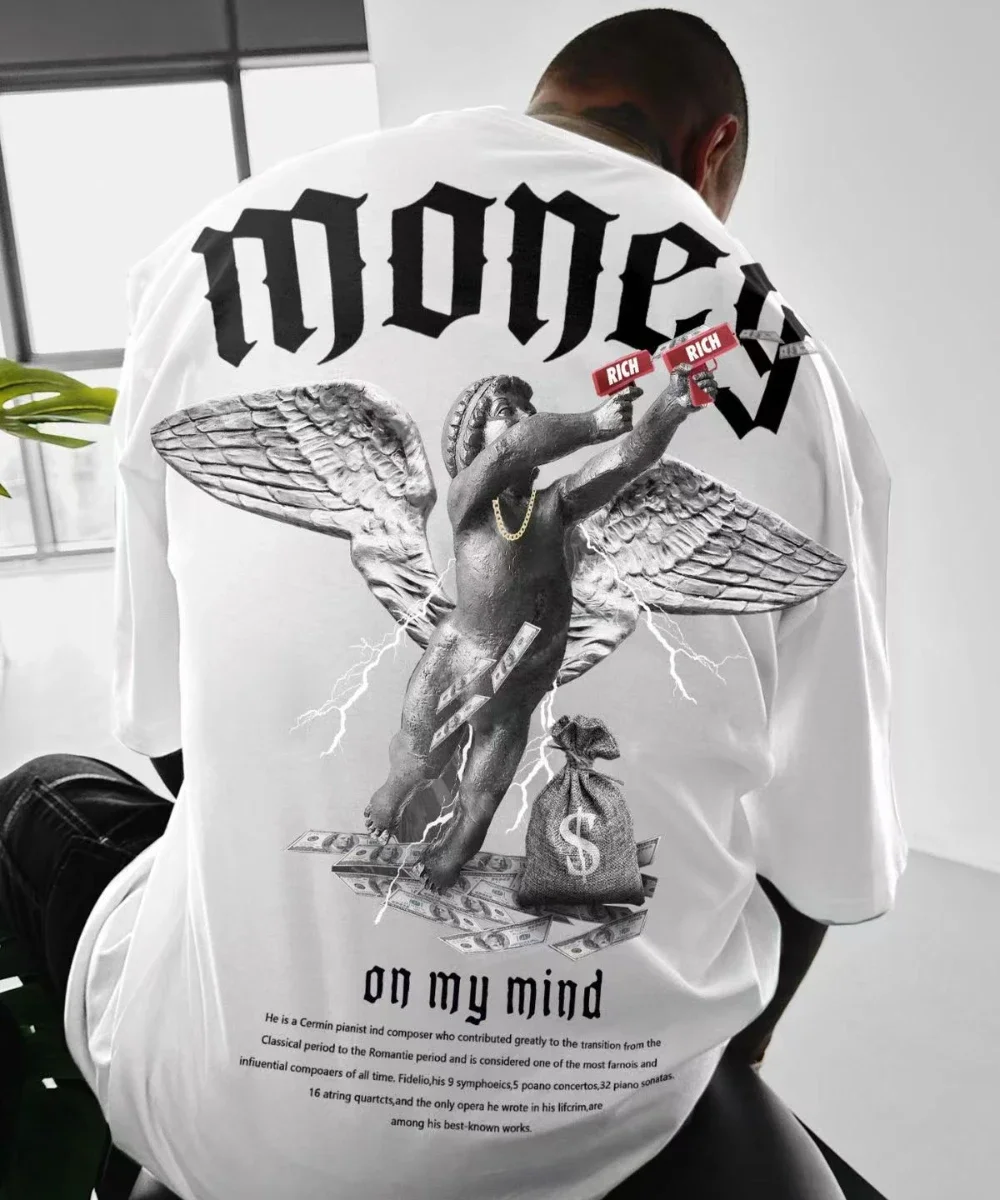 kf S1724e2ef6f5848189454b57c6ff74ed7d Summer Hot Selling Trendy Men s Loose Fitting T shirt Money Angel Print Short Sleeved Muscular