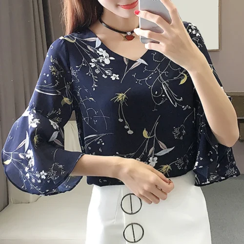 kf S17dd80906a7c4df285b5a12caaa78ea77 Office Lady Fashion Flower Print Shirt Half Flare Sleeve V Neck Chiffon Blouse Casual Daily Wear