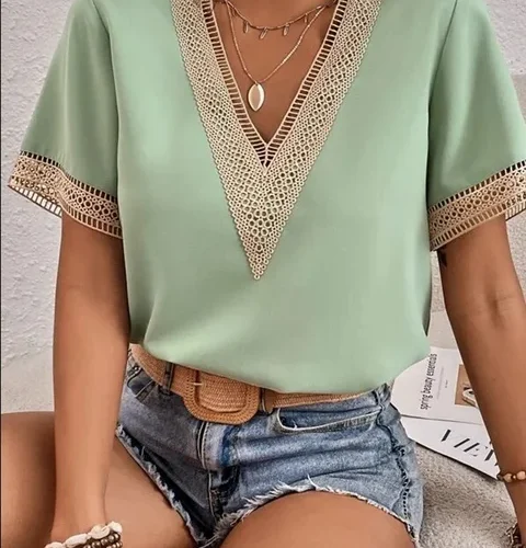 kf S184f41e1b8964e39a3a944d9e7a991ebO Elegant Blouse Fashion Short Sleeve Tops 2023 Summer V neck Quilted Female Lace Shirt Commuter Office