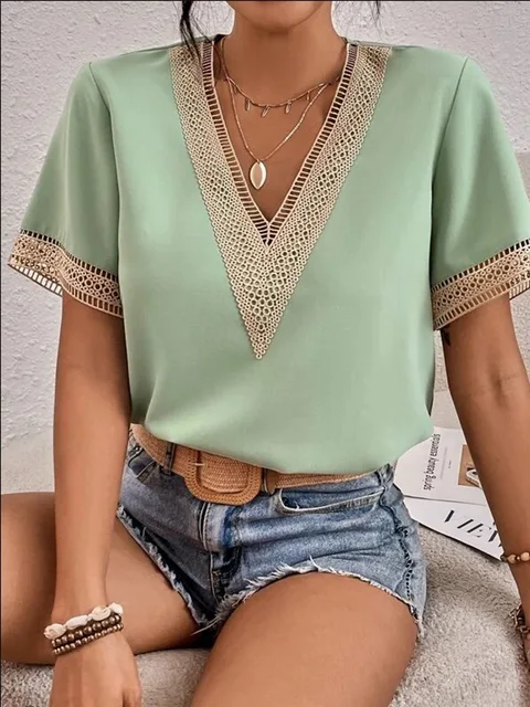 kf S184f41e1b8964e39a3a944d9e7a991ebO Elegant Blouse Fashion Short Sleeve Tops 2023 Summer V neck Quilted Female Lace Shirt Commuter Office