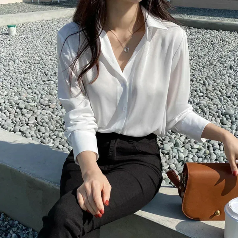 kf S19657d1c67da4388bbea3e7eb56a6c8fe Black Korean New Spring Fashion Women Tops Blouse White Blouse Bottom Shirt Chiffon Shirt Office Lady