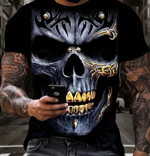 kf S19e429702bf14af4aaacd6c54345bb127 Men s Horror Skull Print T Shirt 3D Print Vintage O Neck Short Sleeve Fashion Oversized